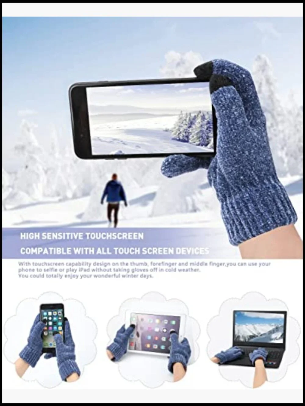 Womens Winter Knit Warm Hat Beanie Long Scarf Touch Screen Gloves Set 3pc